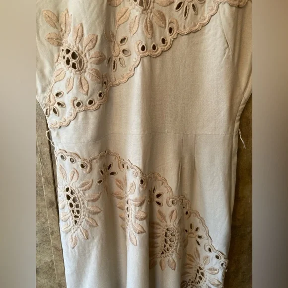 Vintage Original Franklin Embroidered Cutouts Shift Wiggle Dress M Linen Beige - Picture 10 of 16